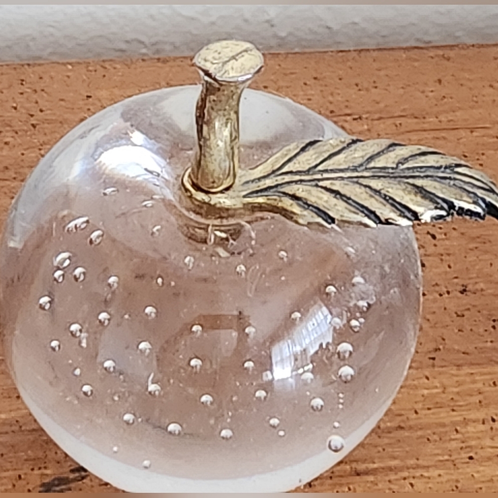 Vintage Bubble Glass/Brass Apple Paperweight